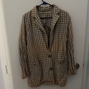 Free People Plaid Lightweight Blazer Jacket - Beige/Tan Check